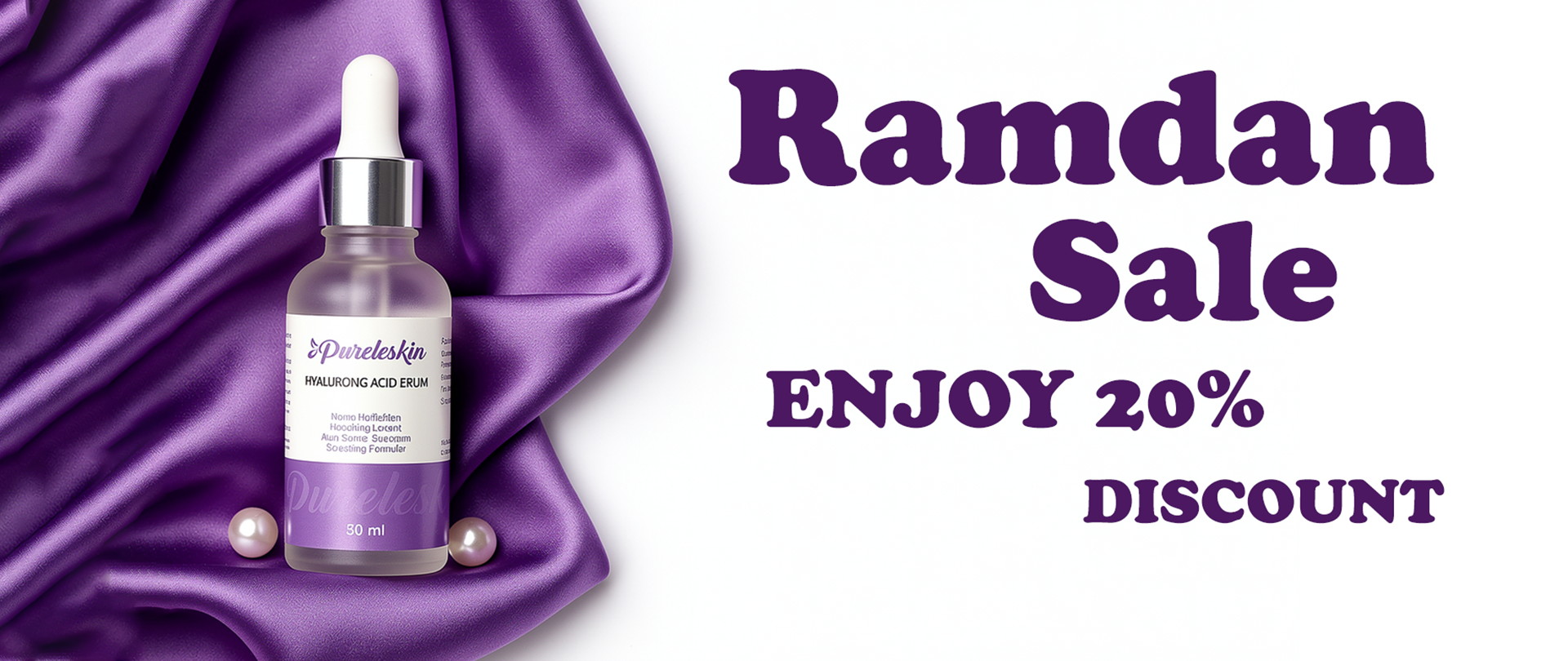 Skincare serum bottle with a purple satin background and 'Ramadan Sale' text.